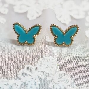 1pair Golden Border Blue Butterfly Stud Earrings, Timeless Elegance Earrings